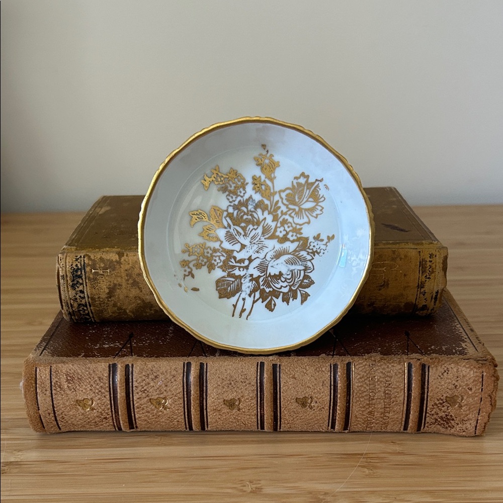Porcelain de France Gold and White Hand Painted Floral Dish